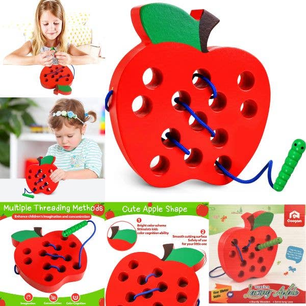 STEM Learning - Wooden Toy - The Lacing Apple - Fine Motor 