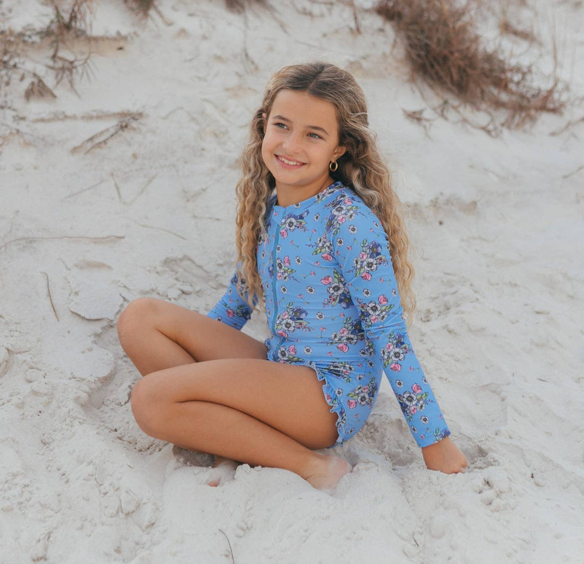 Mia Periwinkle Floral Zip Rash Guard One Piece Swimsuit