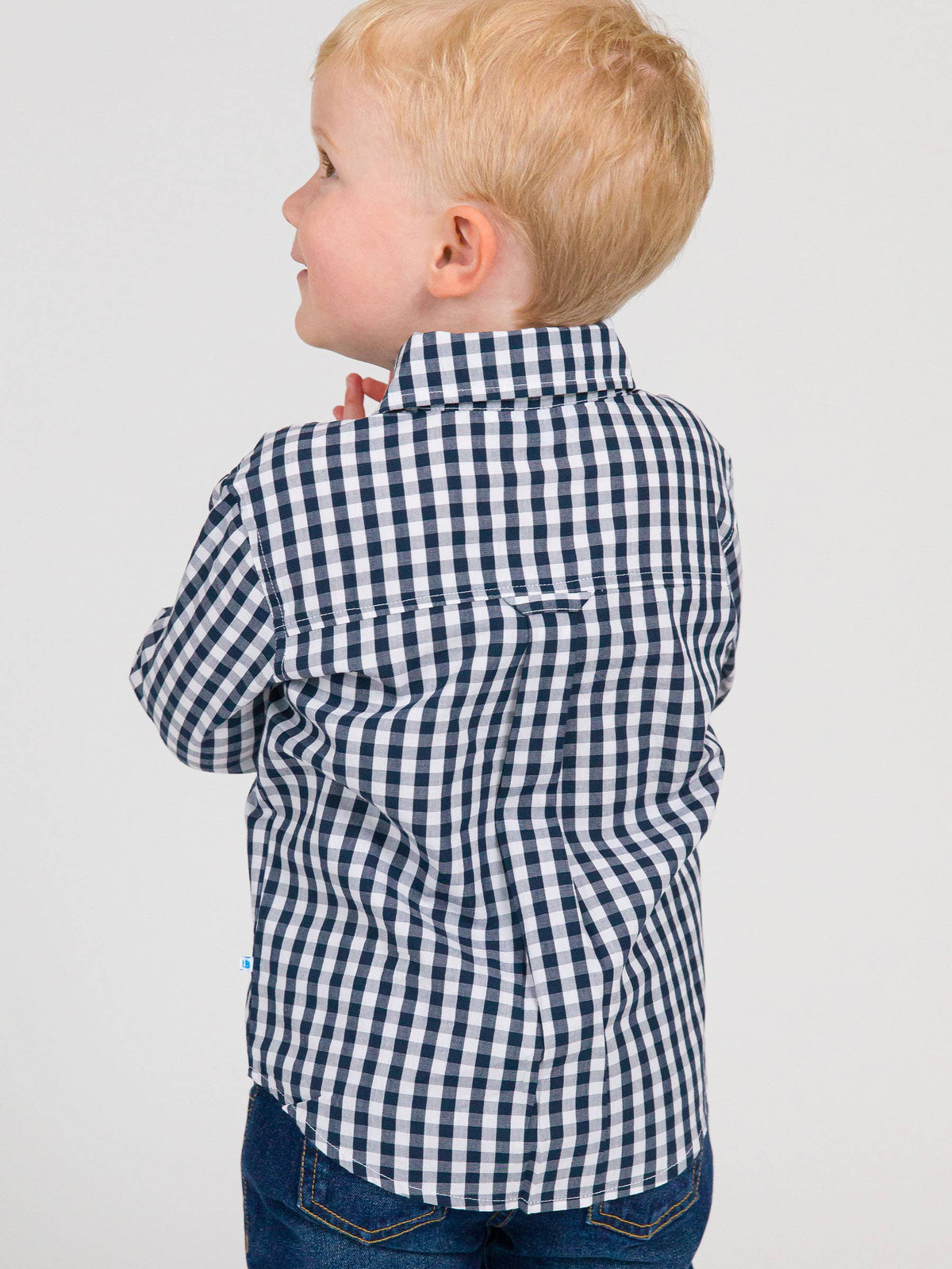 Boys Classic Dark Navy Gingham Long Sleeve Button Down Shirt