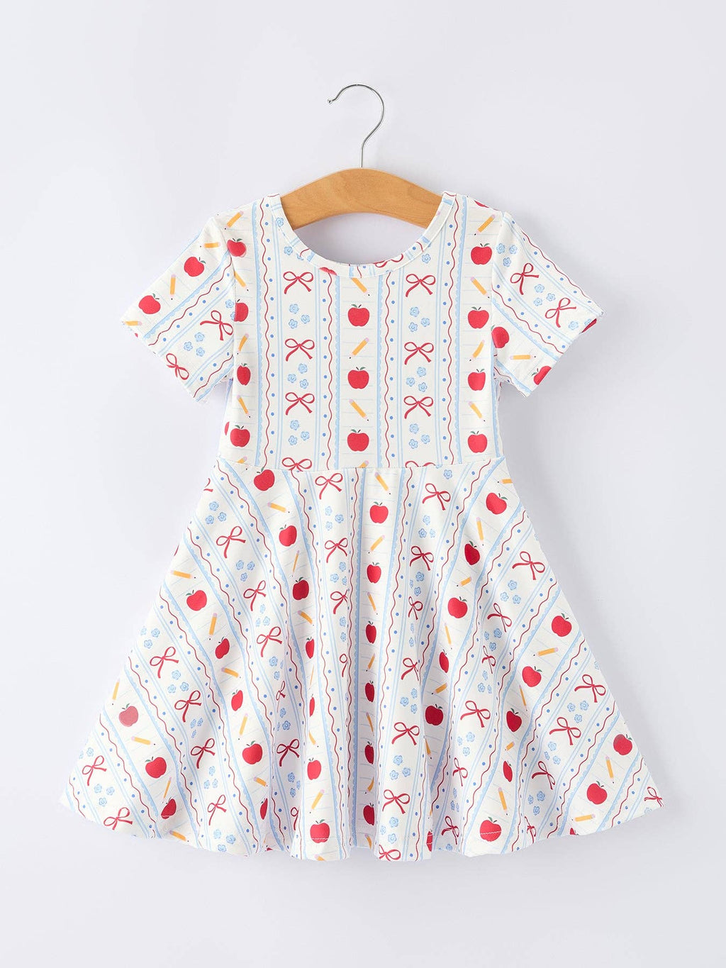 Back to School Apple Bow Stripe Girls Dress