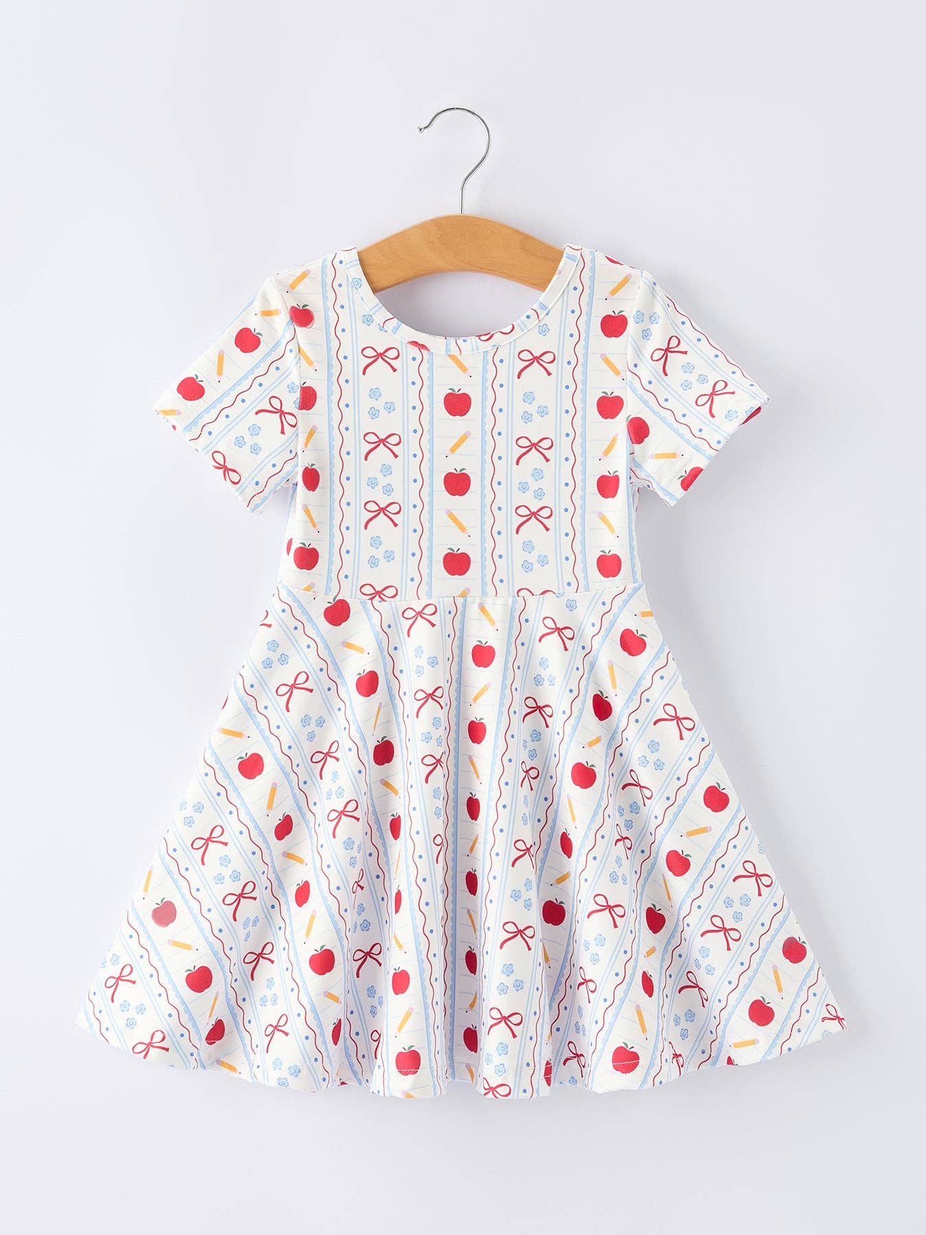 Back to School Apple Bow Stripe Girls Dress