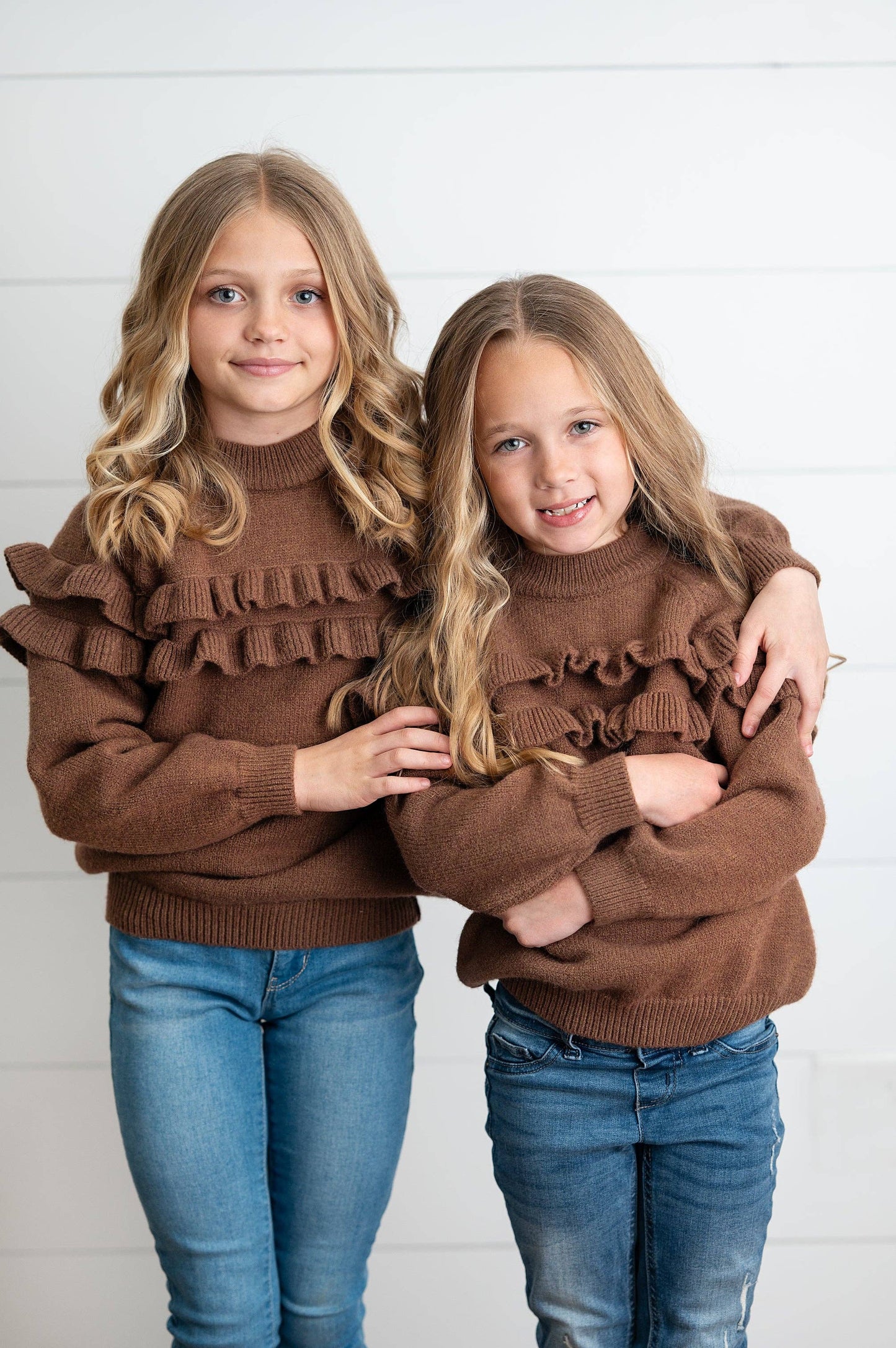 Kids Chocolate Double Ruffle Crew Neck Fall Winter Sweater