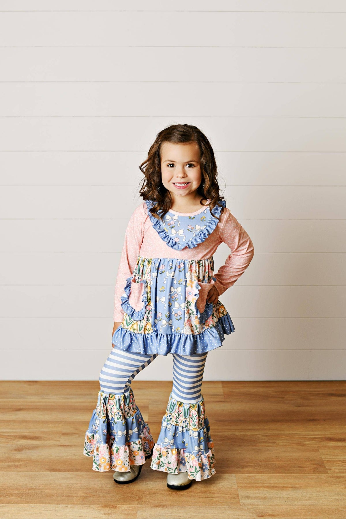 Girls Lucy Blue Pink Bow Bell Fall Winter Pant Set