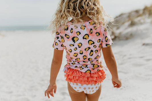 Kids Pink Leopard Rash Guard Ruffle Swimsuit