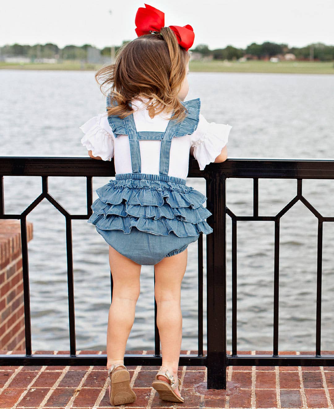Baby Girls Light Wash Denim Woven Flutter Overall Romper