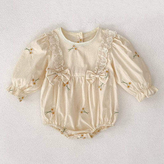 Fall Long Sleeve Apricot Girls Daisy  Romper