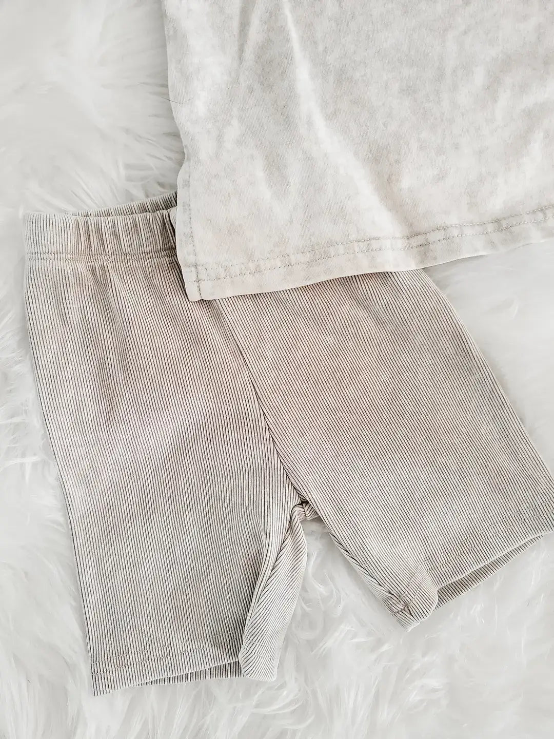 Spring 2 PC Set - Tan Acid Wash Shirt Rib Biker Shorts