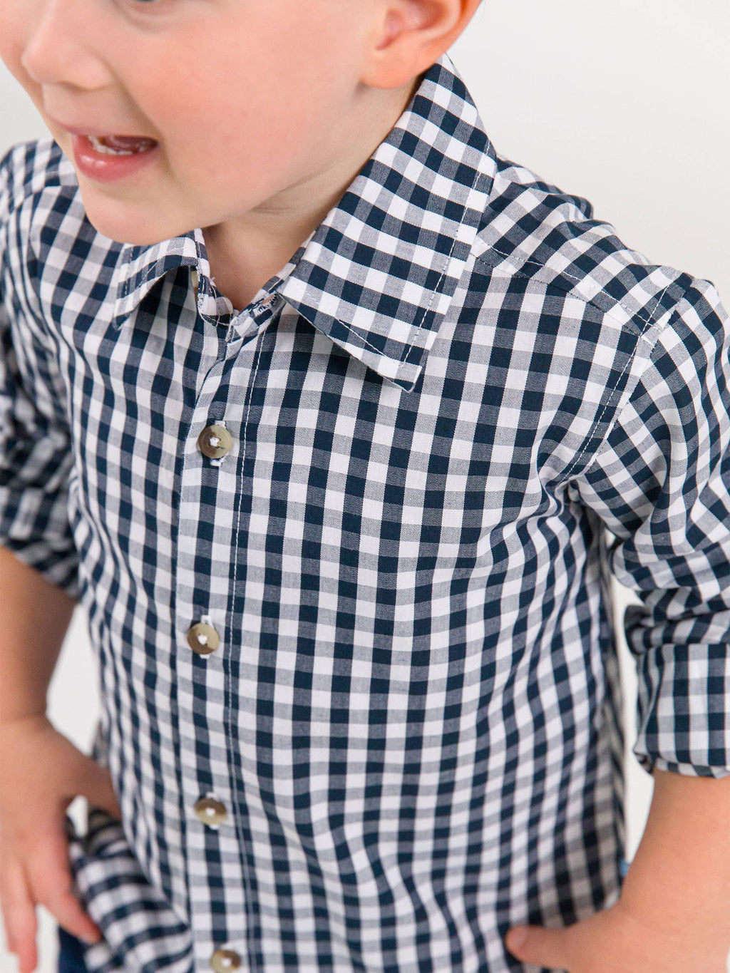 Boys Classic Dark Navy Gingham Long Sleeve Button Down Shirt