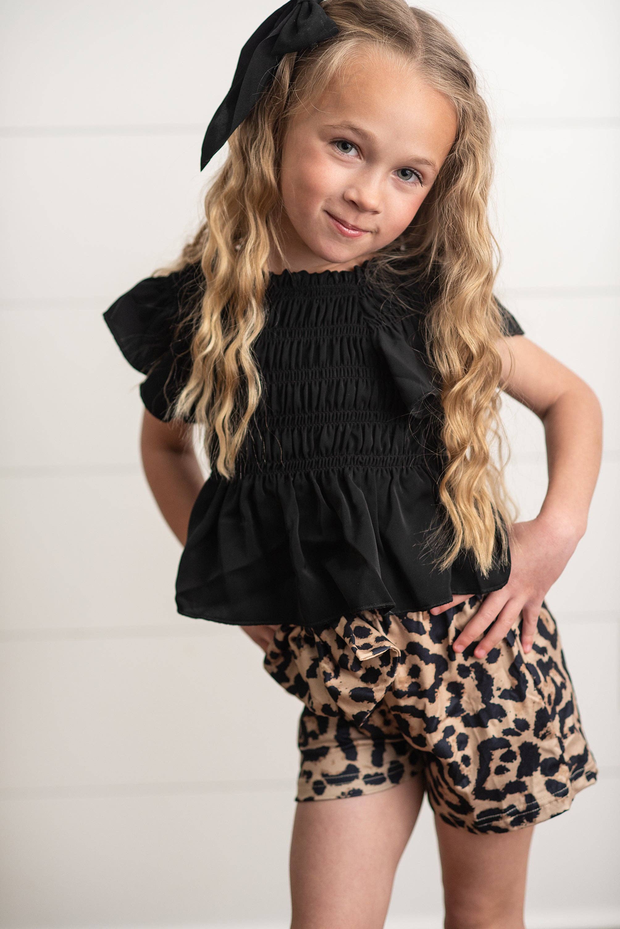 Girls Black Shirred Top & Leopard Print Bow Spring Short Set