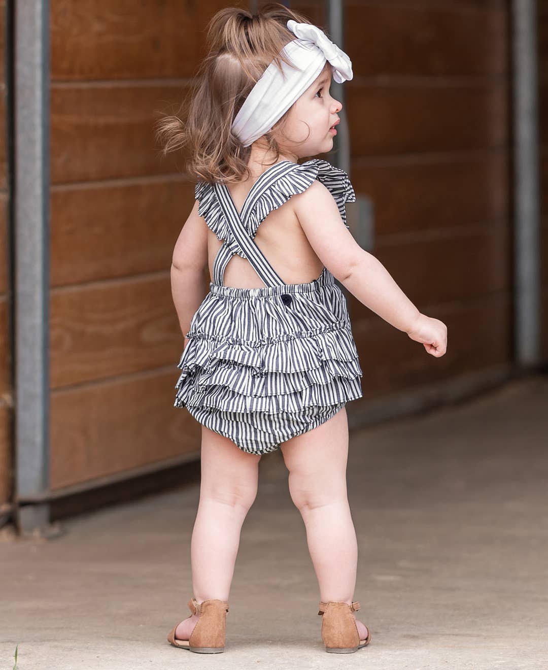 Baby Girls Dark Navy Micro Stripe Pinafore Cross-Back Woven Romper
