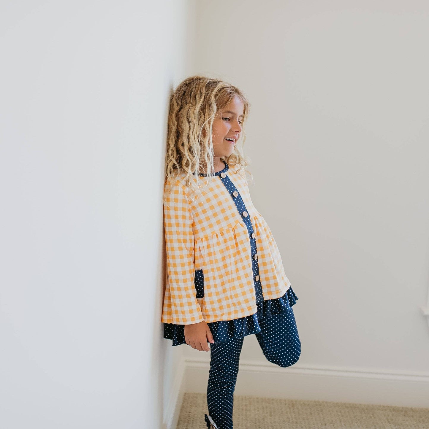 Kids Navy & Mustard Gingham Check Button Pocket Pant Set