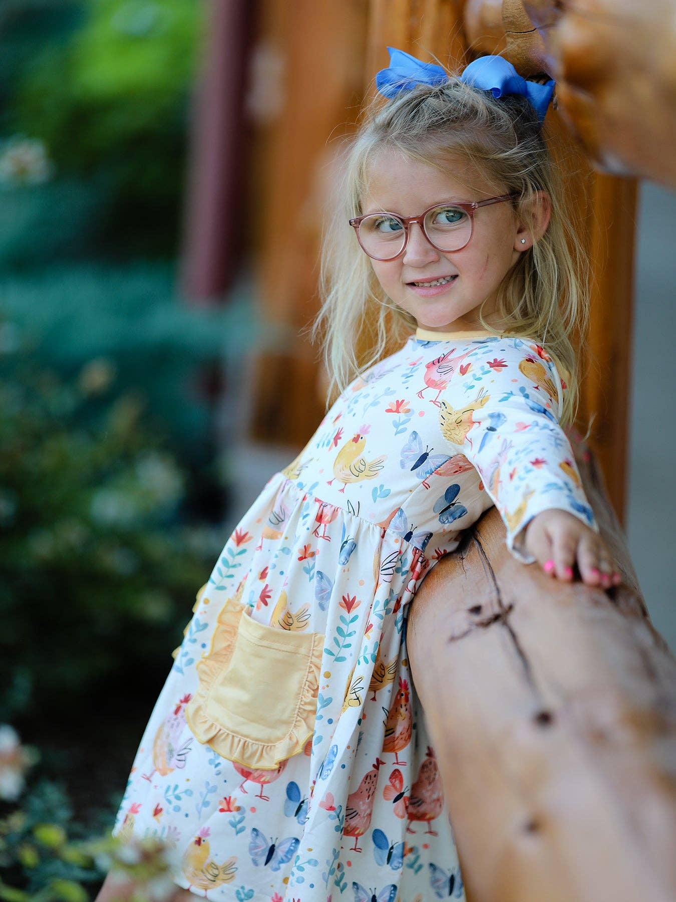 Charming Chicken & Butterfly Girls Dress with Cute Ruffled Pockets