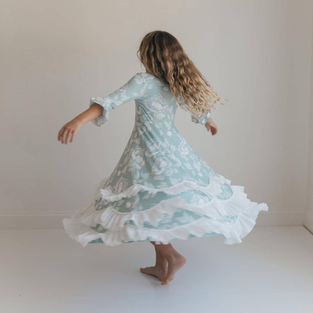 Girls Bella Soft Sage & Winter White Twirl Ruffles Dress