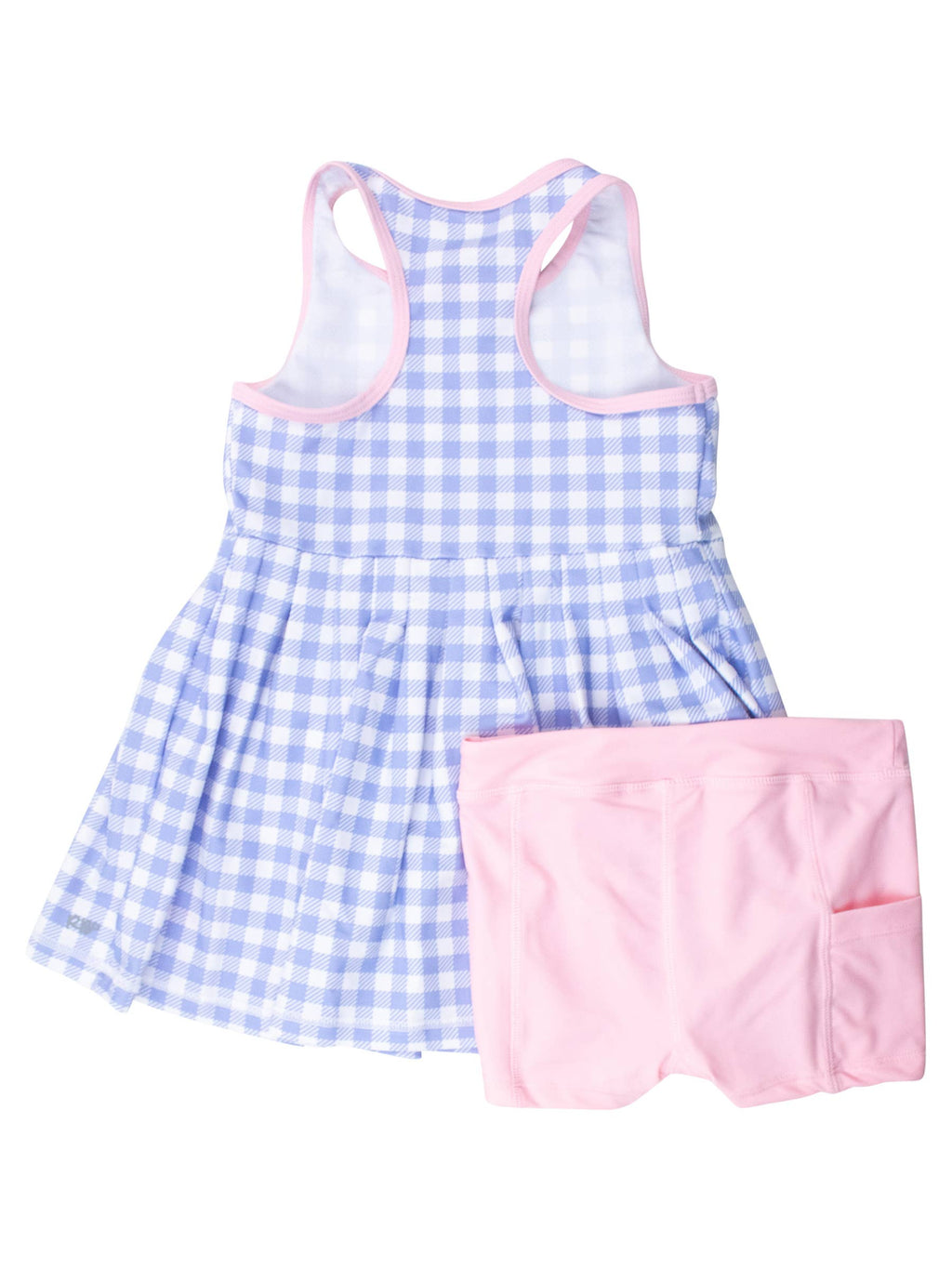 Girls Periwinkle Blue Gingham Pleated Skirt Active Dress & Bike Short Set