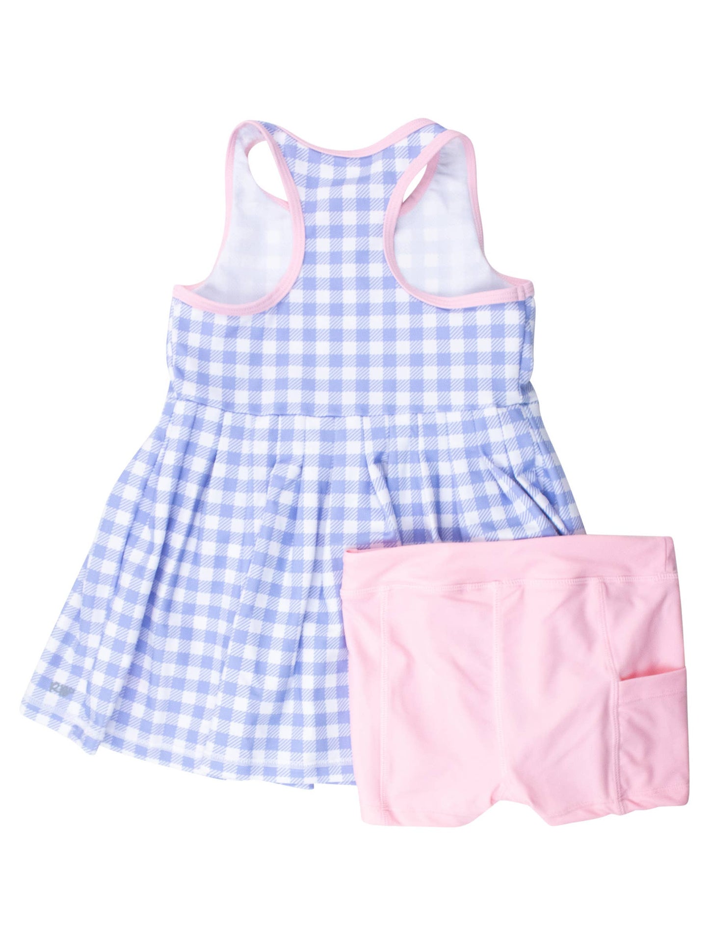 Girls Periwinkle Blue Gingham Pleated Skirt Active Dress & Bike Short Set