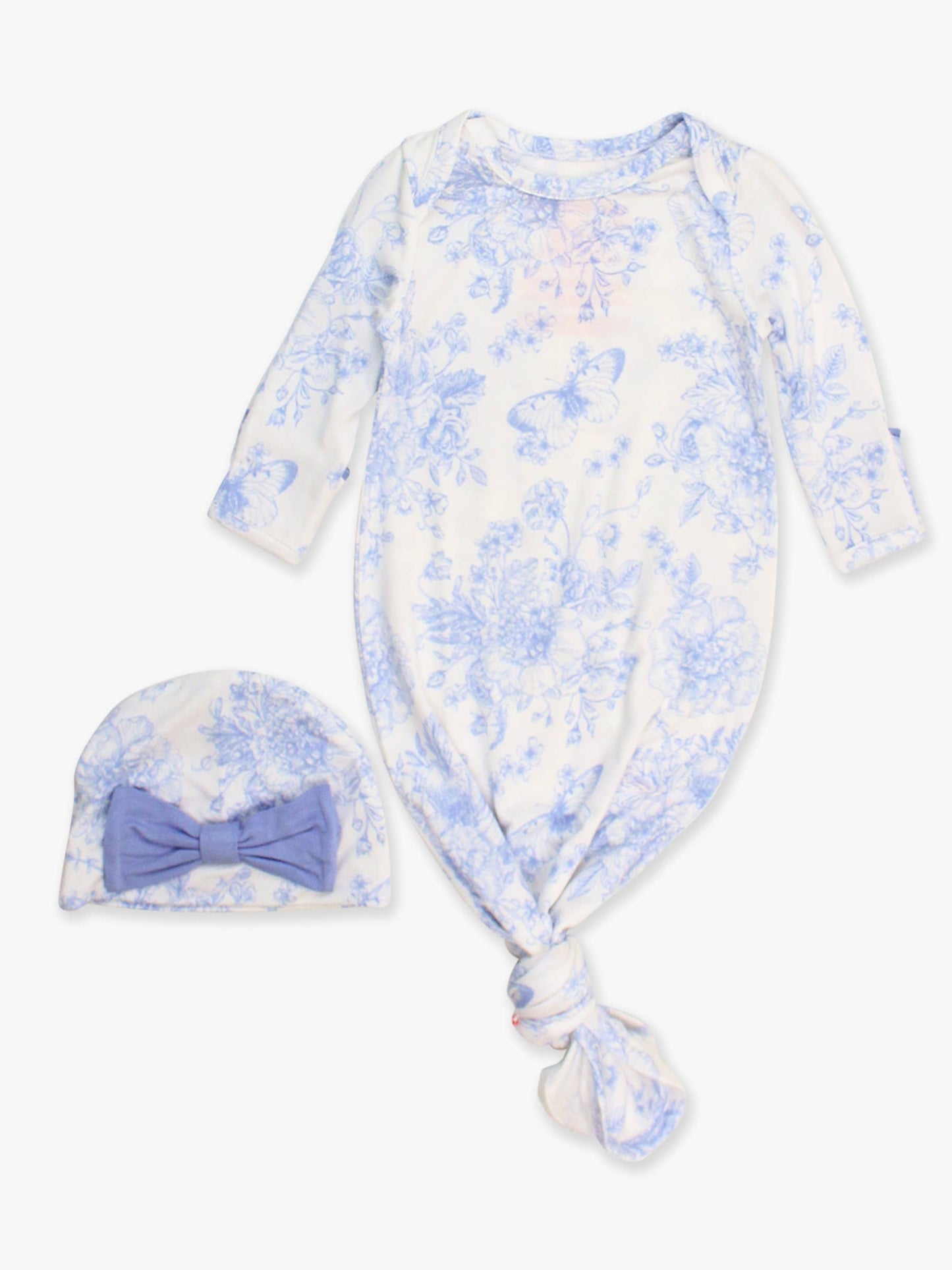 SoftSnooze™ Baby Girls Bamboo Viscose Periwinkle Butterfly Garden Ruffle Knotted Sleep Gown & Bow Hat Set
