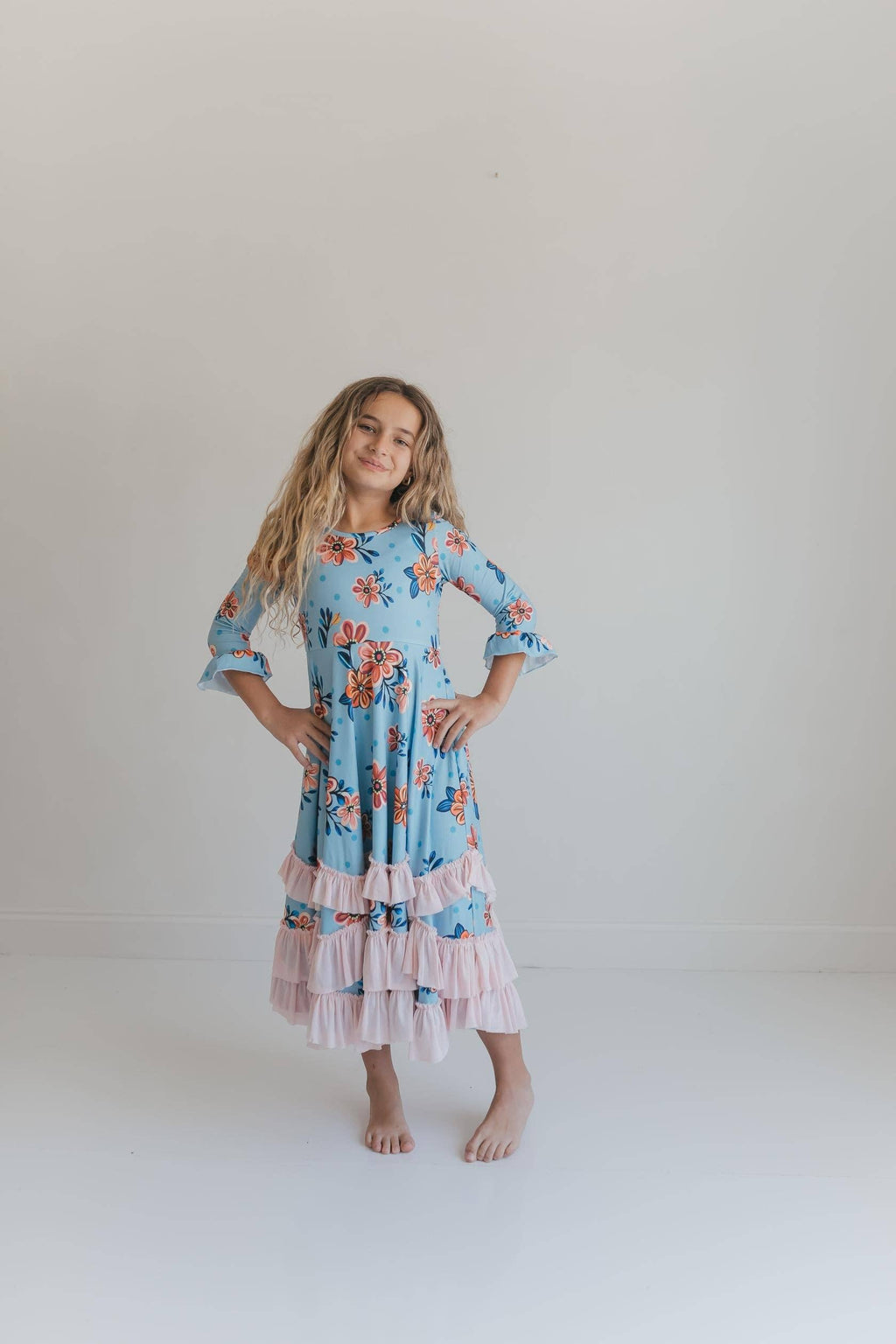 Girls Bella Blue & Blush Winter Garden Twirl Ruffles Dress