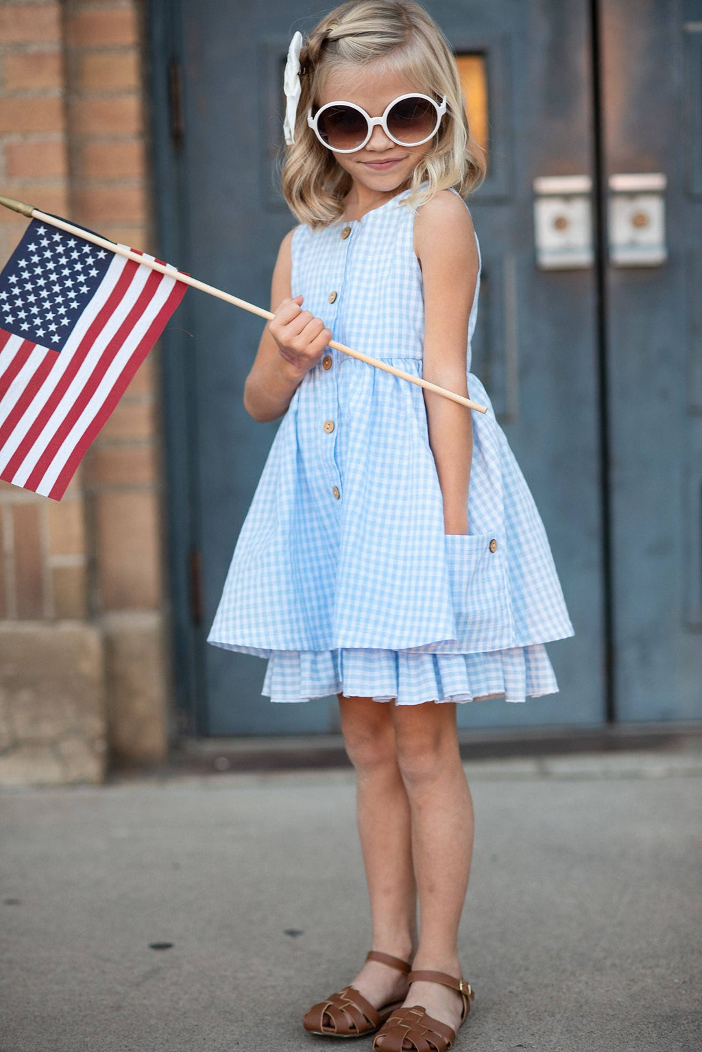 Kids Blue & White Gingham Check Pocket Ruffle Summer Dress