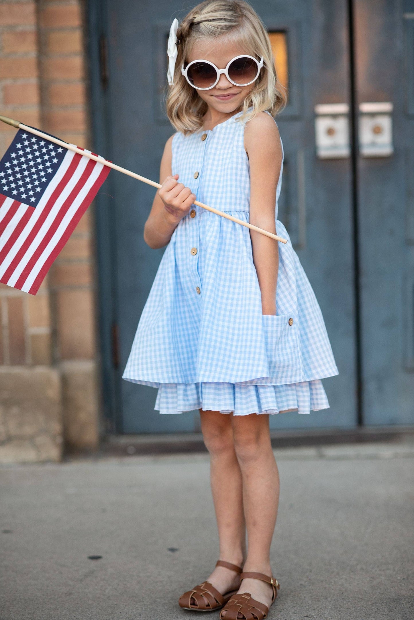 Kids Blue & White Gingham Check Pocket Ruffle Summer Dress