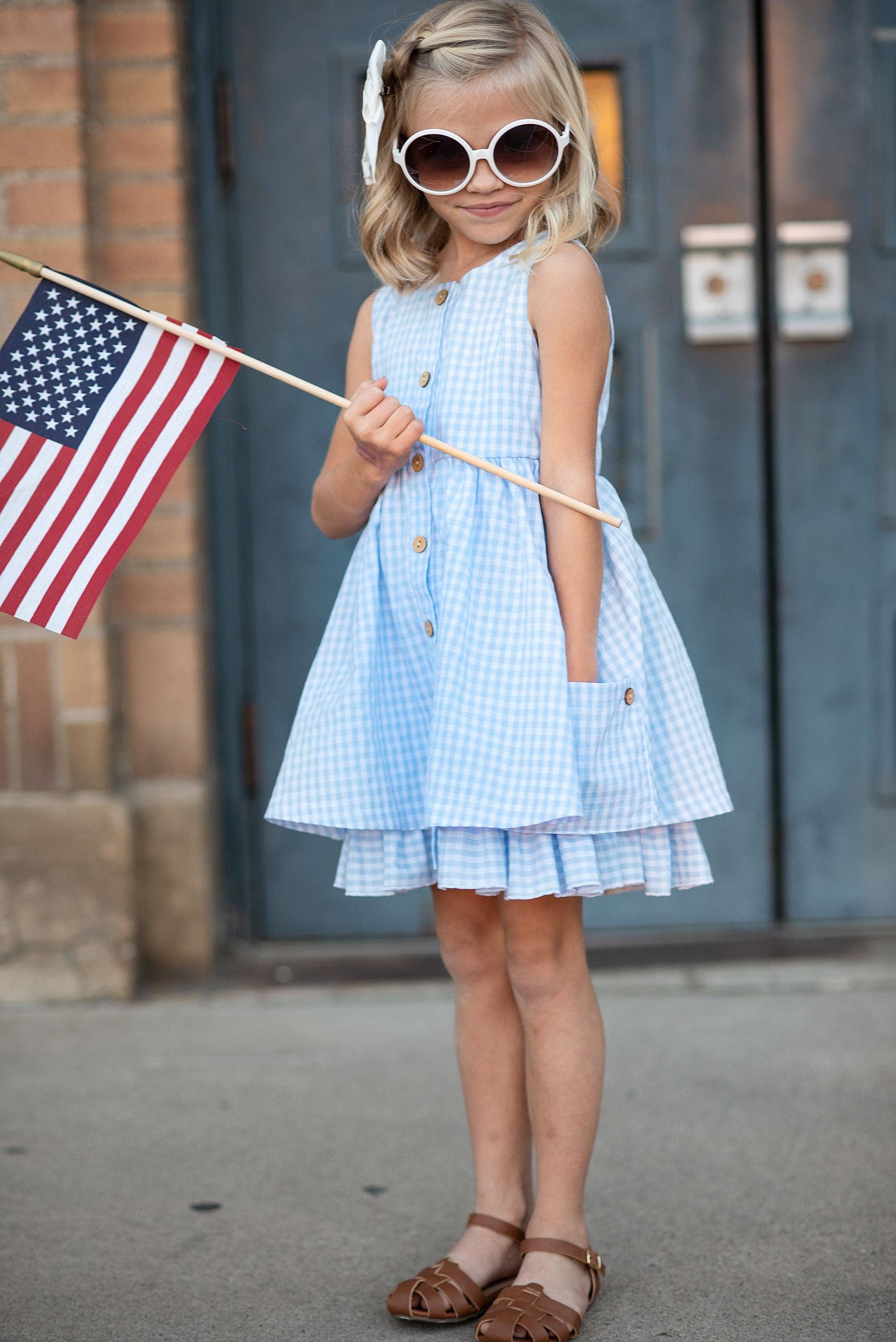 Kids Blue & White Gingham Check Pocket Ruffle Summer Dress