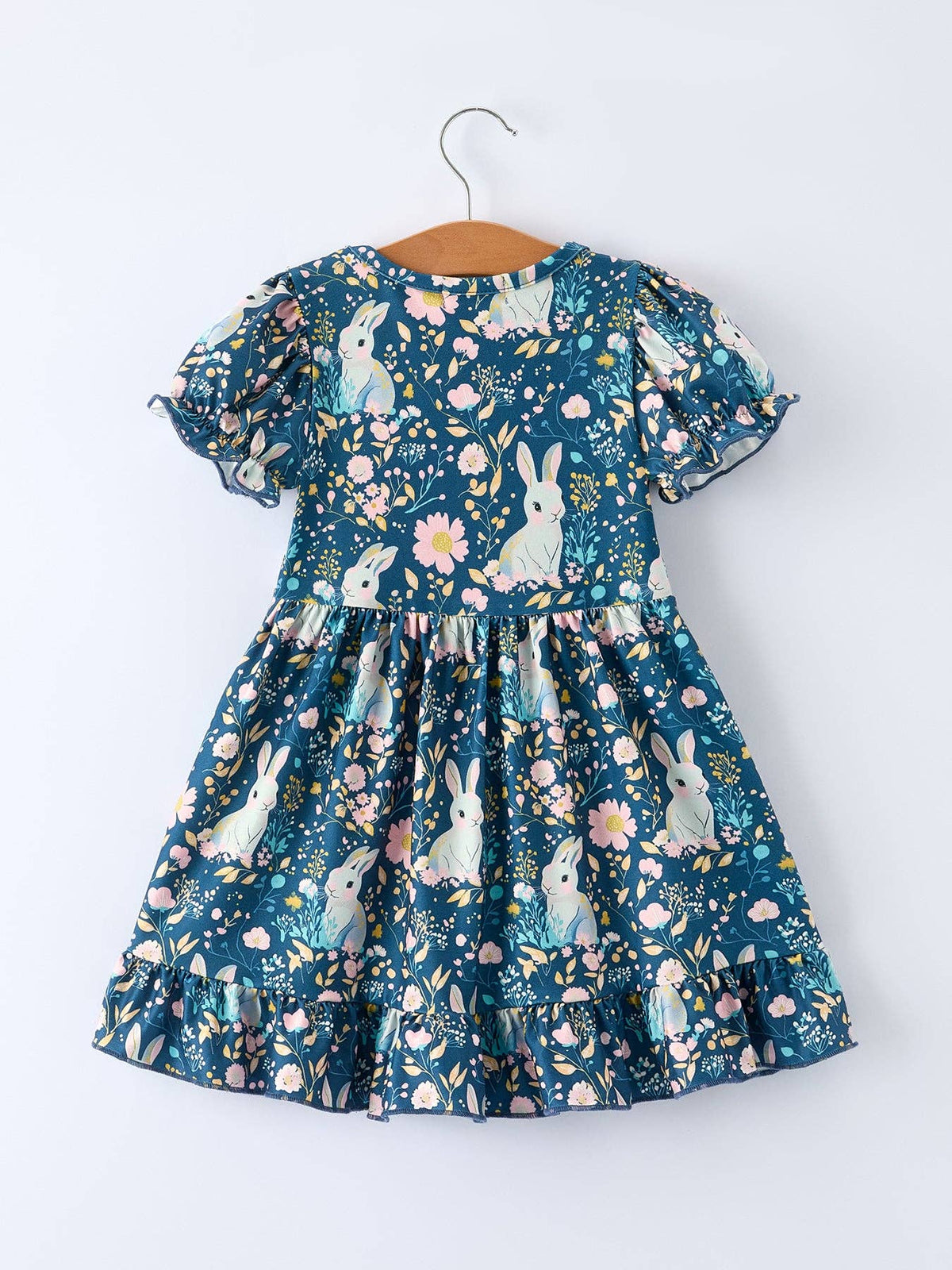 Teal Bunny Garden Ruffle Sleeve Girls Dress