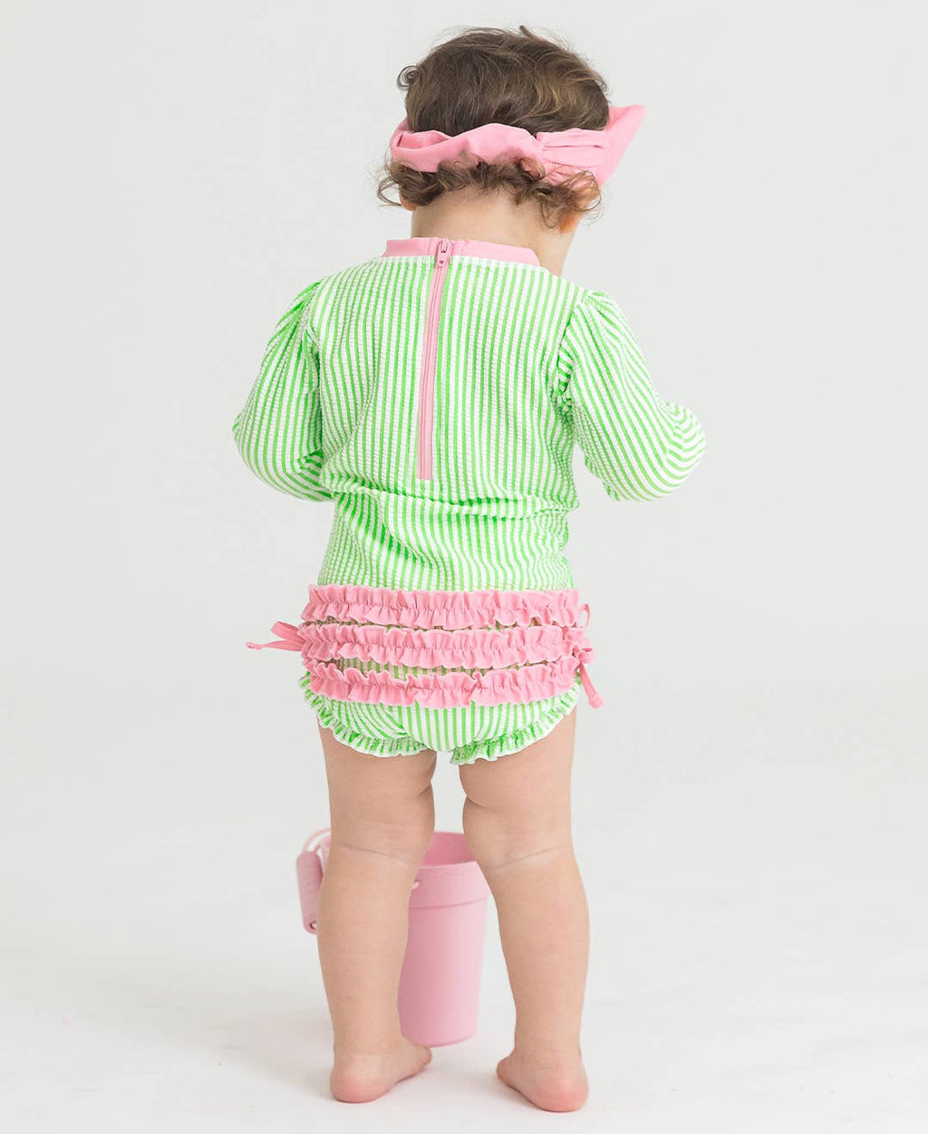 Baby Girls Spring Green Seersucker Long Sleeve One Piece Rash Guard Swimsuit with Signature Rear Ruffles