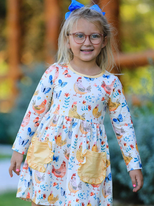 Charming Chicken & Butterfly Girls Dress with Cute Ruffled Pockets