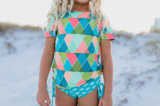 Kids Teal Peach Diamond Rash Guard Swimsuit