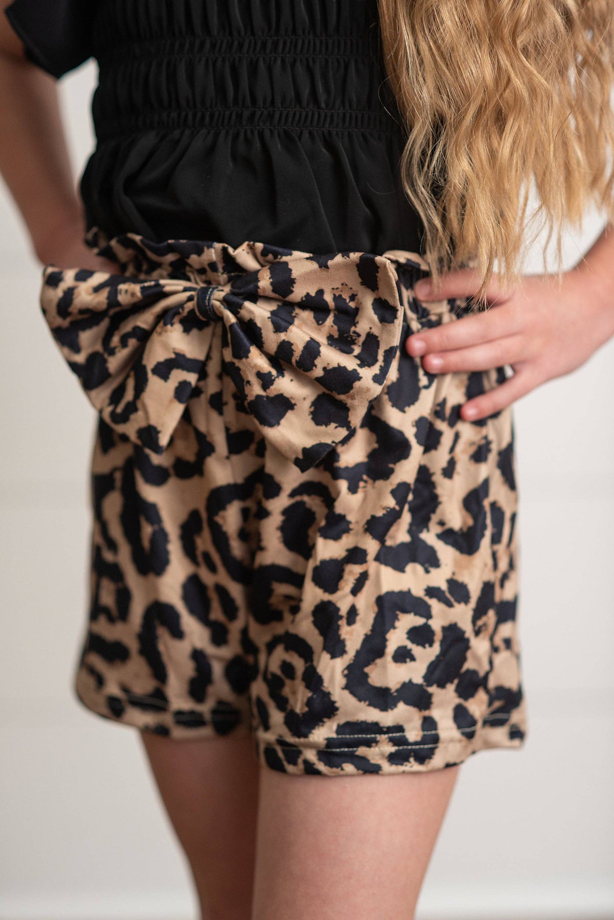Girls Black Shirred Top & Leopard Print Bow Spring Short Set