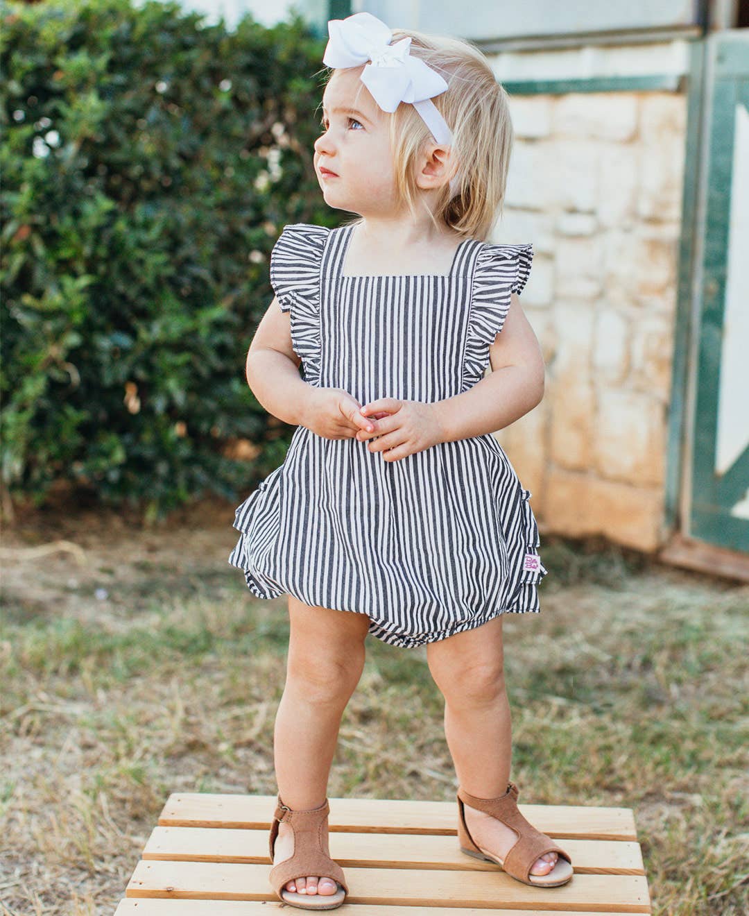 Baby Girls Dark Navy Micro Stripe Pinafore Cross-Back Woven Romper