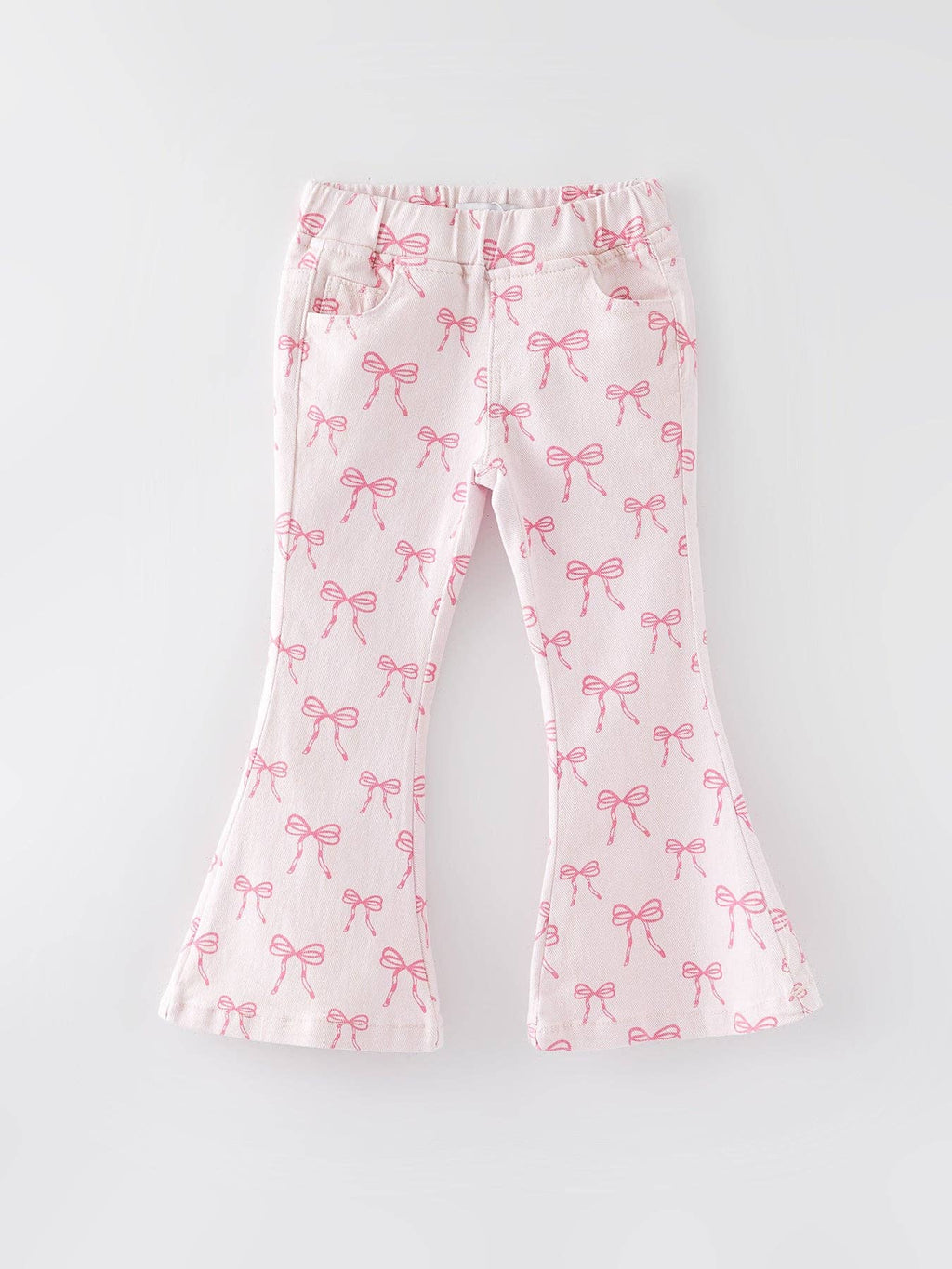 Fall Girls Pink Bow Print Elastic Flared Jeans Denim pant