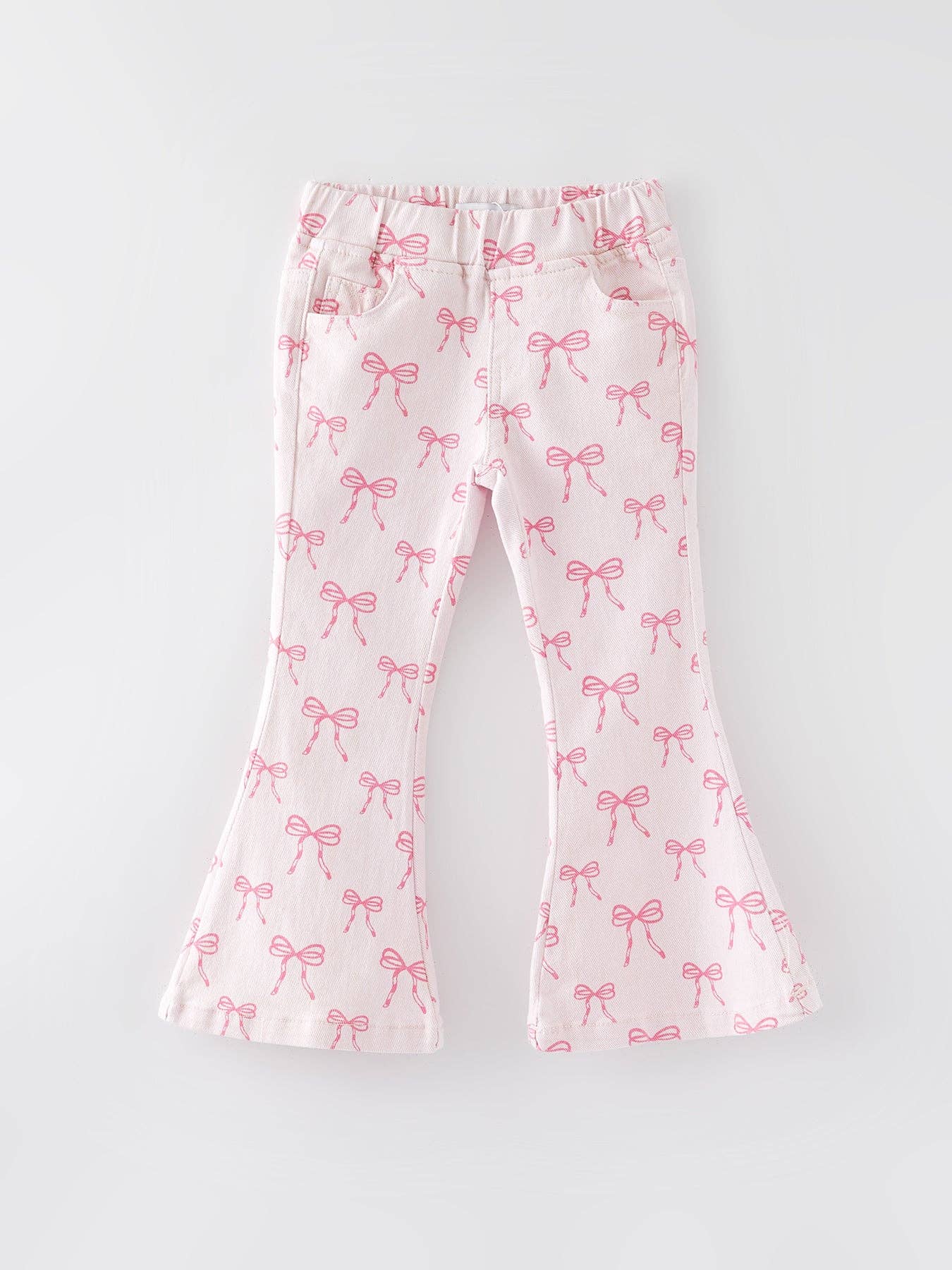 Fall Girls Pink Bow Print Elastic Flared Jeans Denim pant