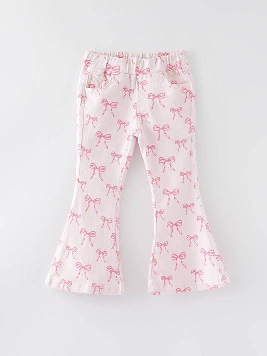 Fall Girls Pink Bow Print Elastic Flared Jeans Denim pant