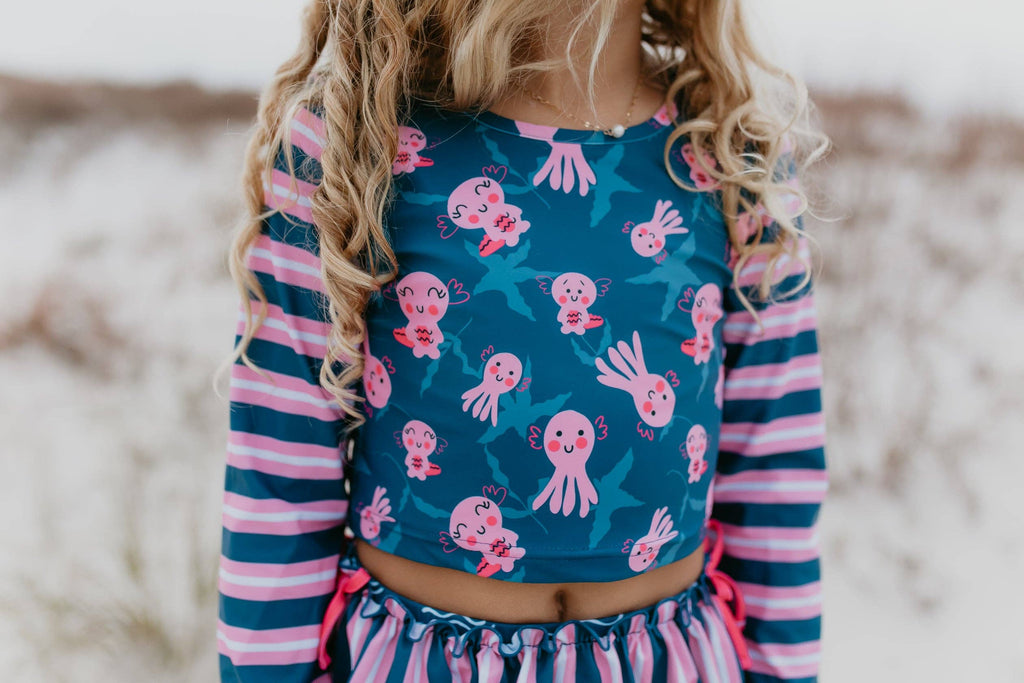 Kids Pink & Blue Axolotl Long Sleeve Rash Guard Swimsuit