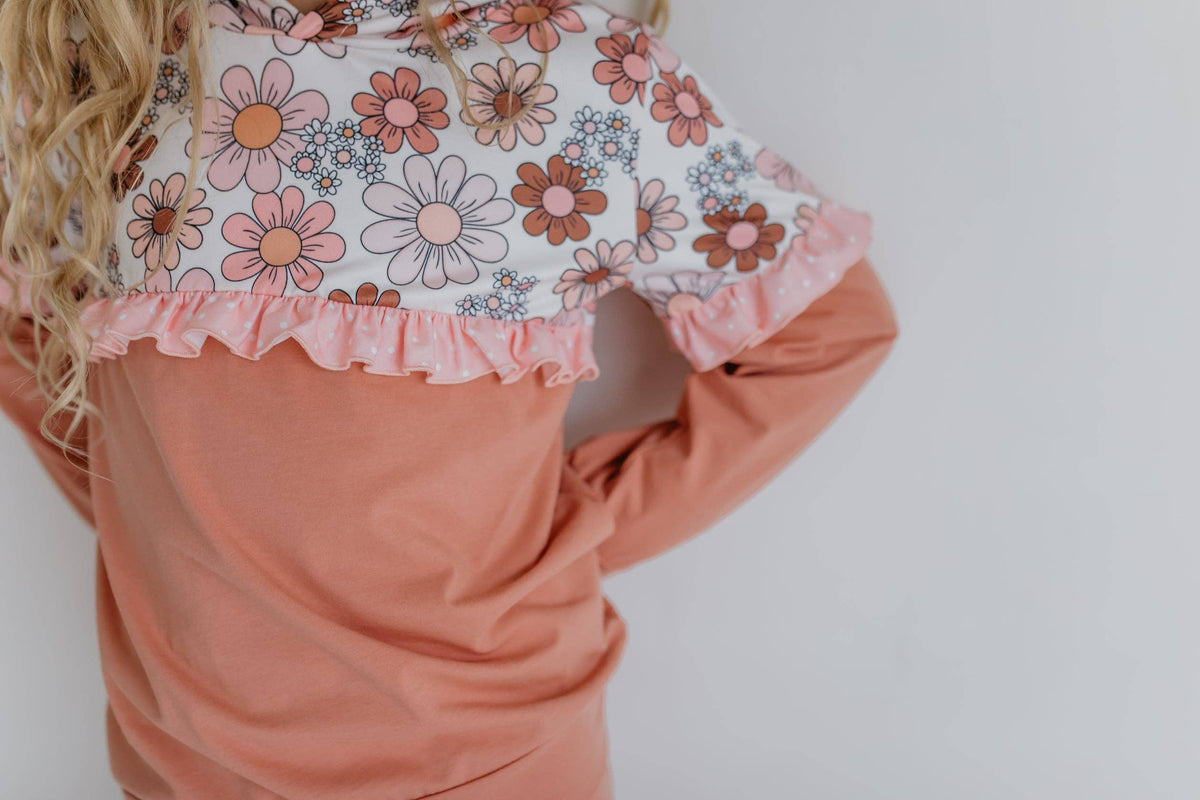 Girls Desert Tan Retro Flower Ruffle Hoodie Loungewear Set