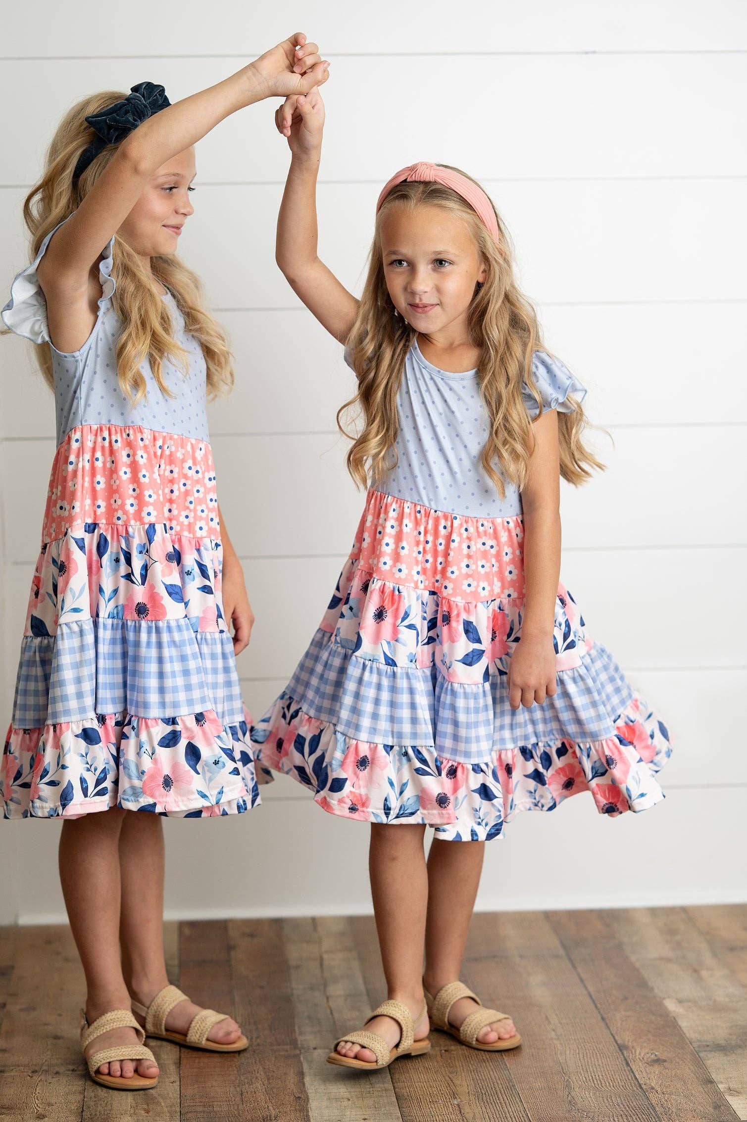 Girls Ava Periwinkle Floral Checkered Spring Tiered Dress