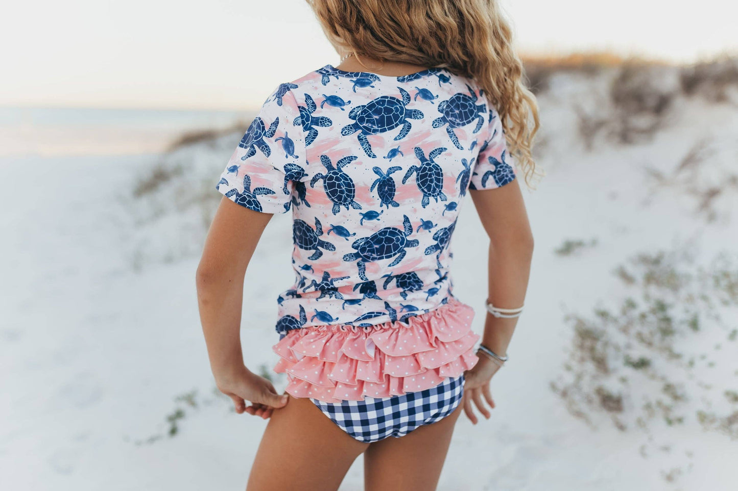 Kids Navy & Pink Sea Turtle Rash Guard Ruffle Swimsuit