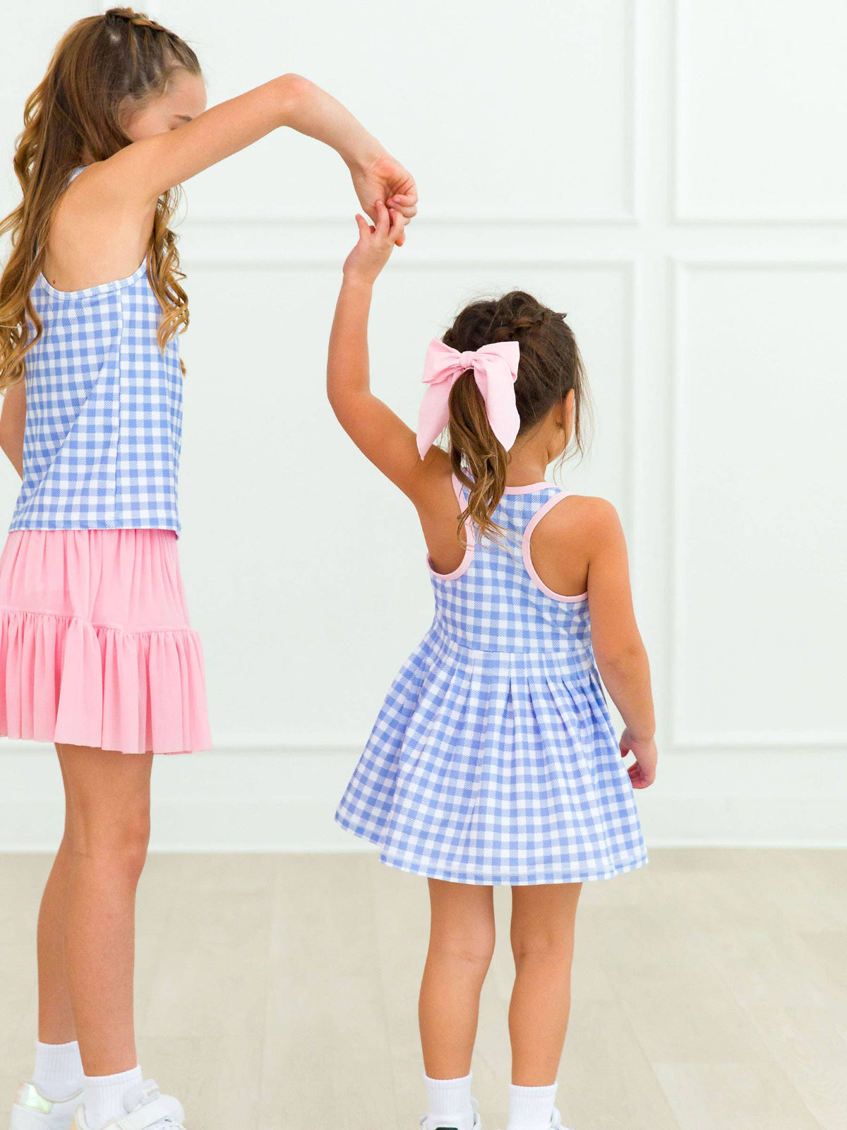 Girls Periwinkle Blue Gingham Pleated Skirt Active Dress & Bike Short Set