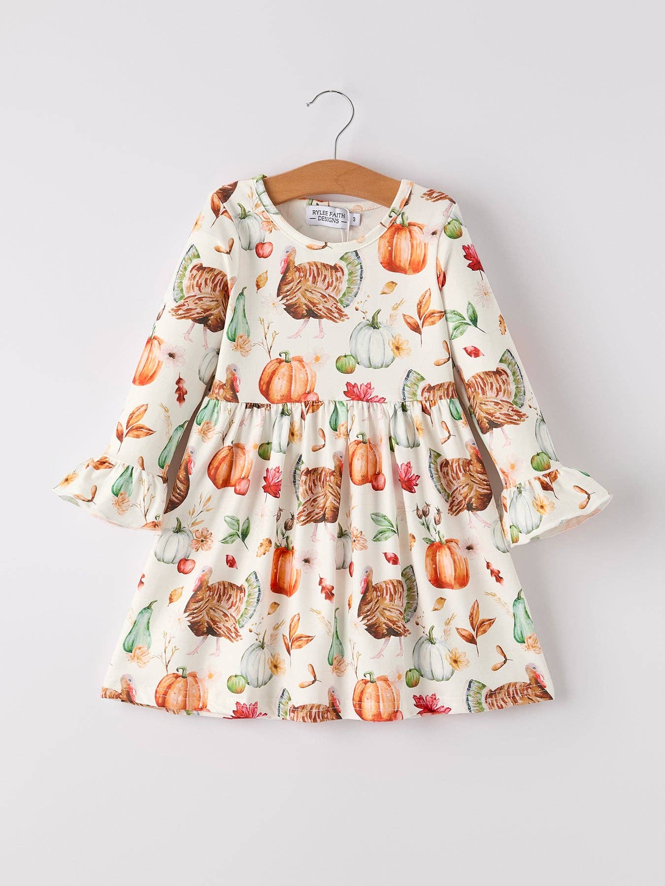 Thanksgiving Day Vintage Fall Pumpkin and Turkey Print Long Sleeve Dress