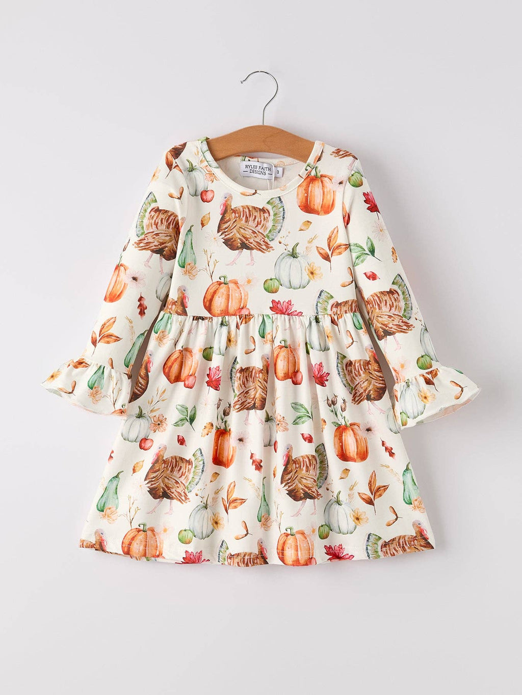 Thanksgiving Day Vintage Fall Pumpkin and Turkey Print Long Sleeve Dress