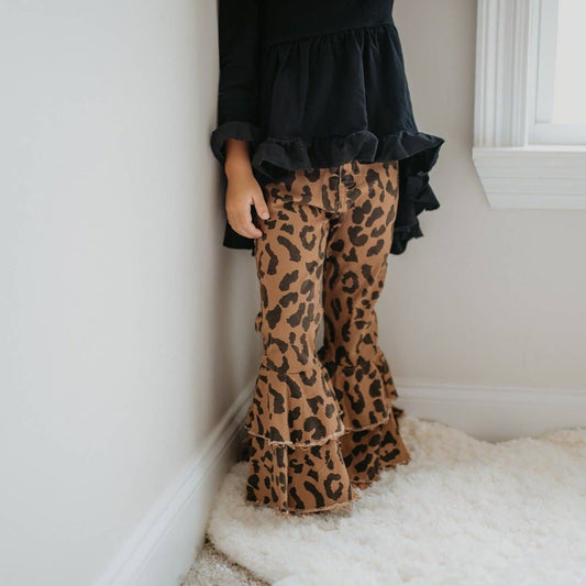 Kids Leopard Double Denim Ruffle Pant Jeans