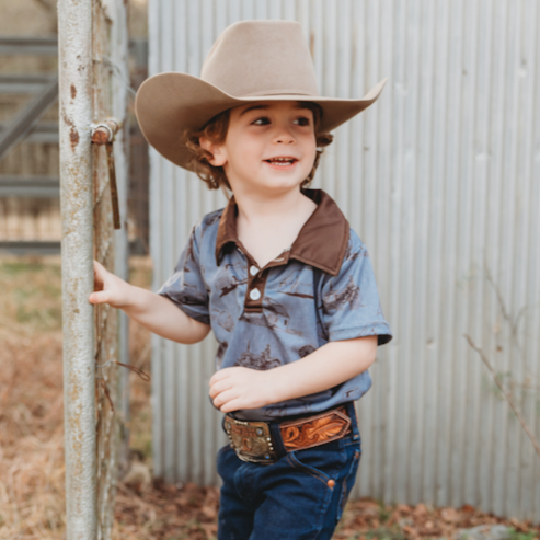 BOYS BLUE FARM PRINT POLO SHIRT