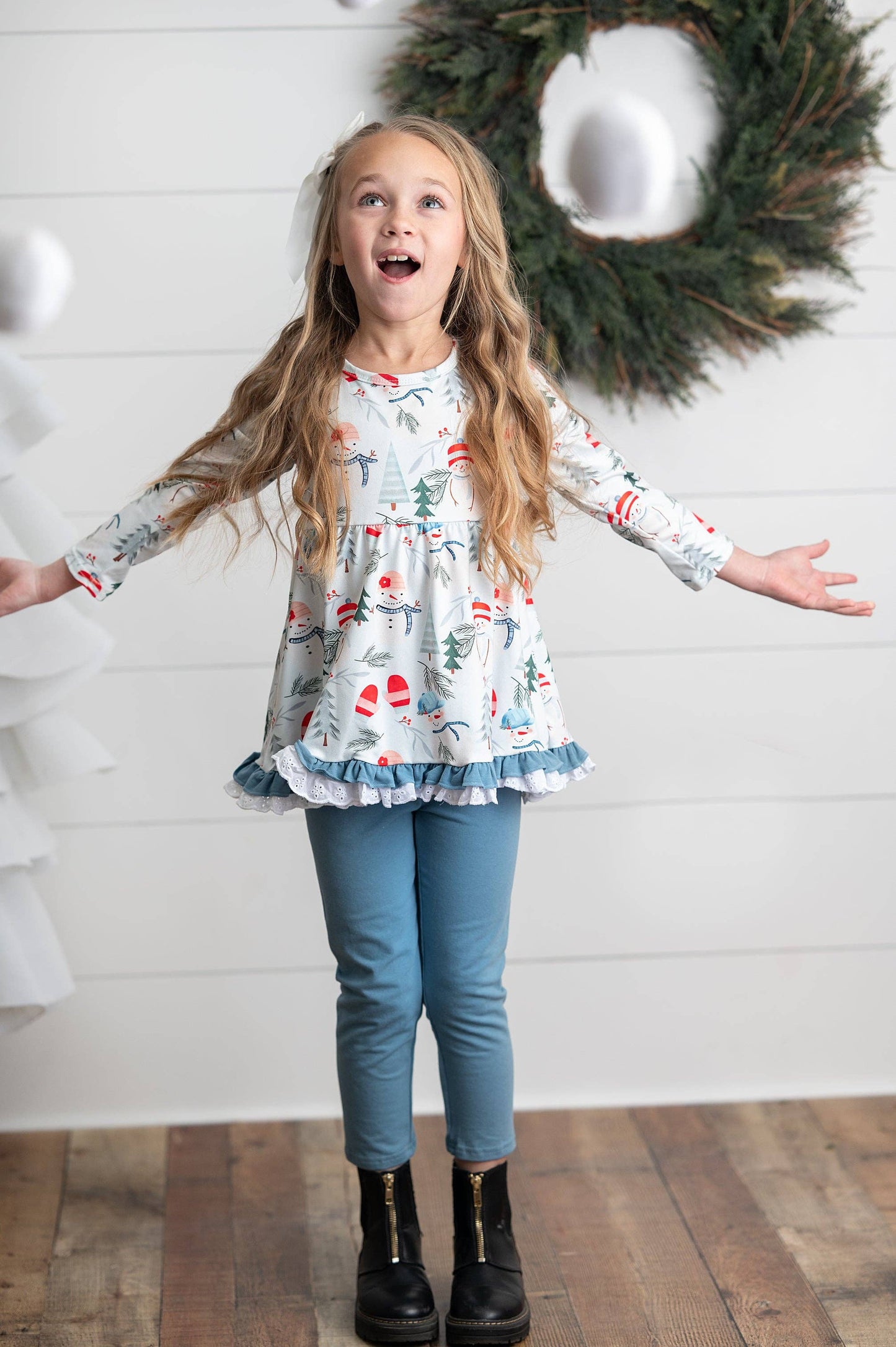 Girls Snowman Lace Ruffle Pocket Winter Holiday Pant Set