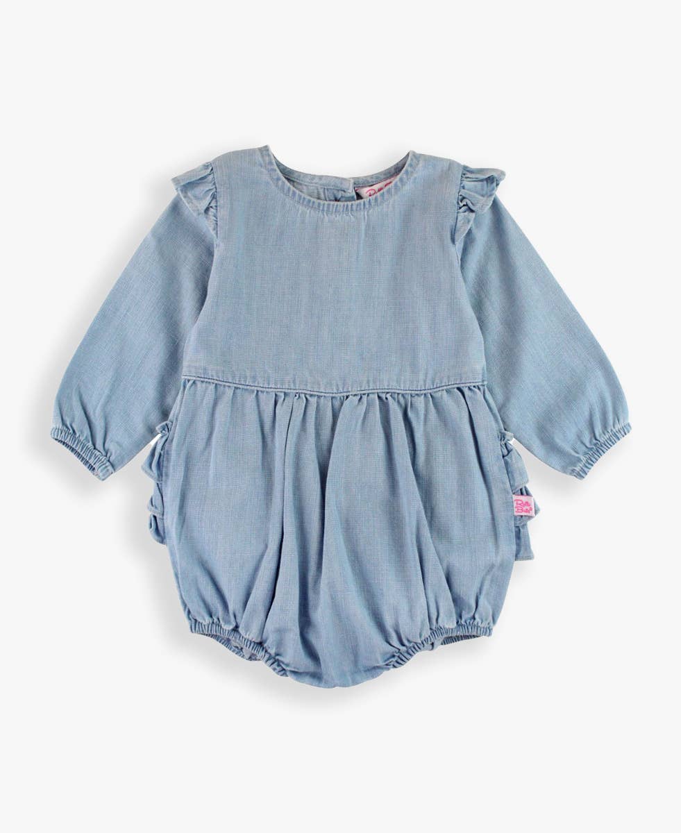 Baby Girls Light Wash Long Sleeve Flutter Bubble Romper