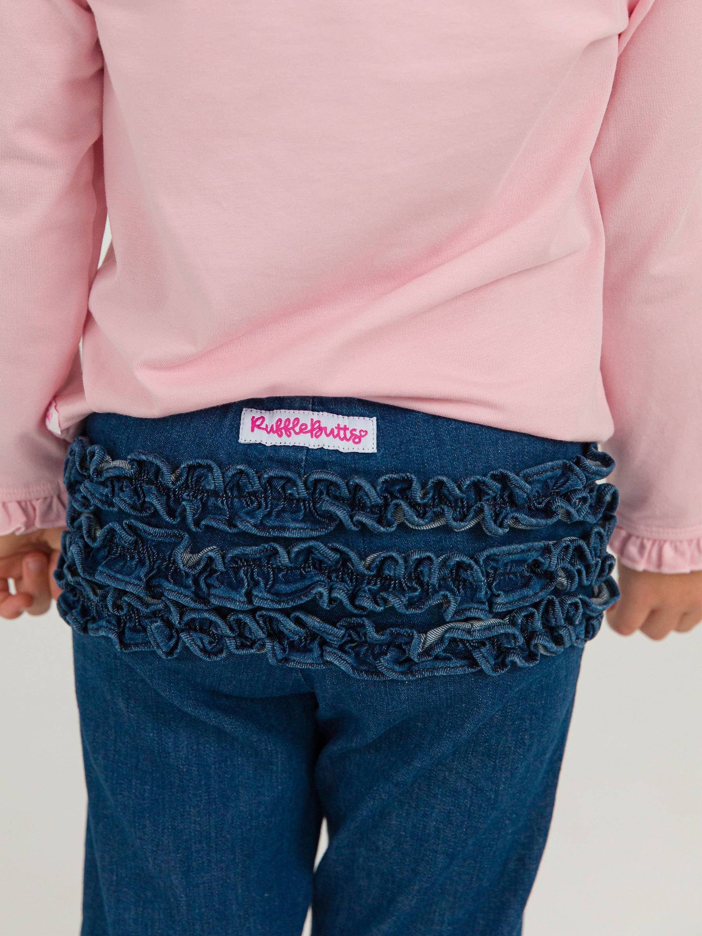 Toddler Girls Medium Wash Denim Ruffle Flare Pants with Signature Rear Ruffles