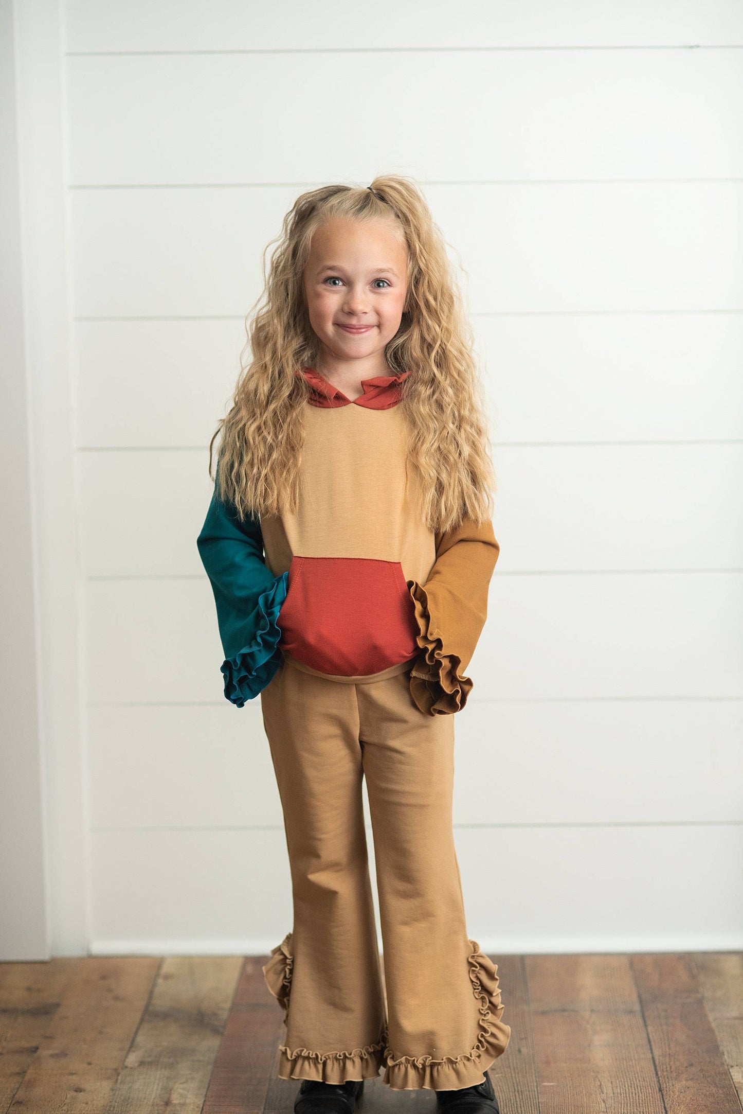 Kids Rust & Brown Color Block Hooded Ruffle Pocket Fall Set