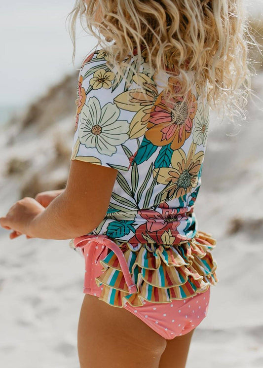 Kids Pink Tropical Rash Guard Ruffle Swimsuit