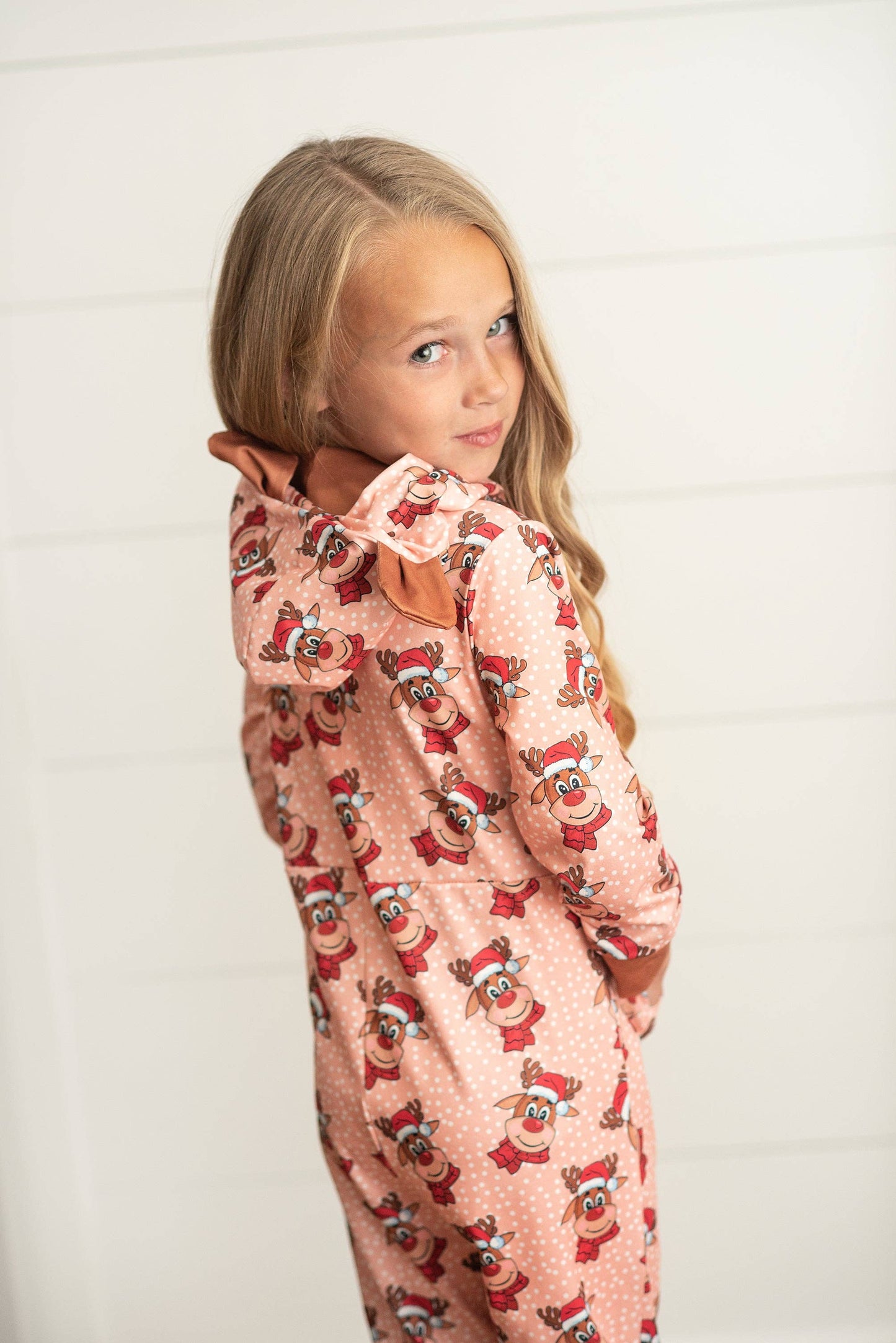 Kids Pink Christmas Holiday Reindeer Zipper Onesie Set