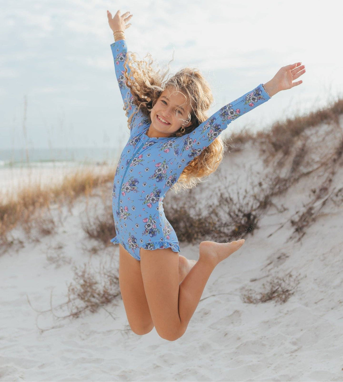 Mia Periwinkle Floral Zip Rash Guard One Piece Swimsuit