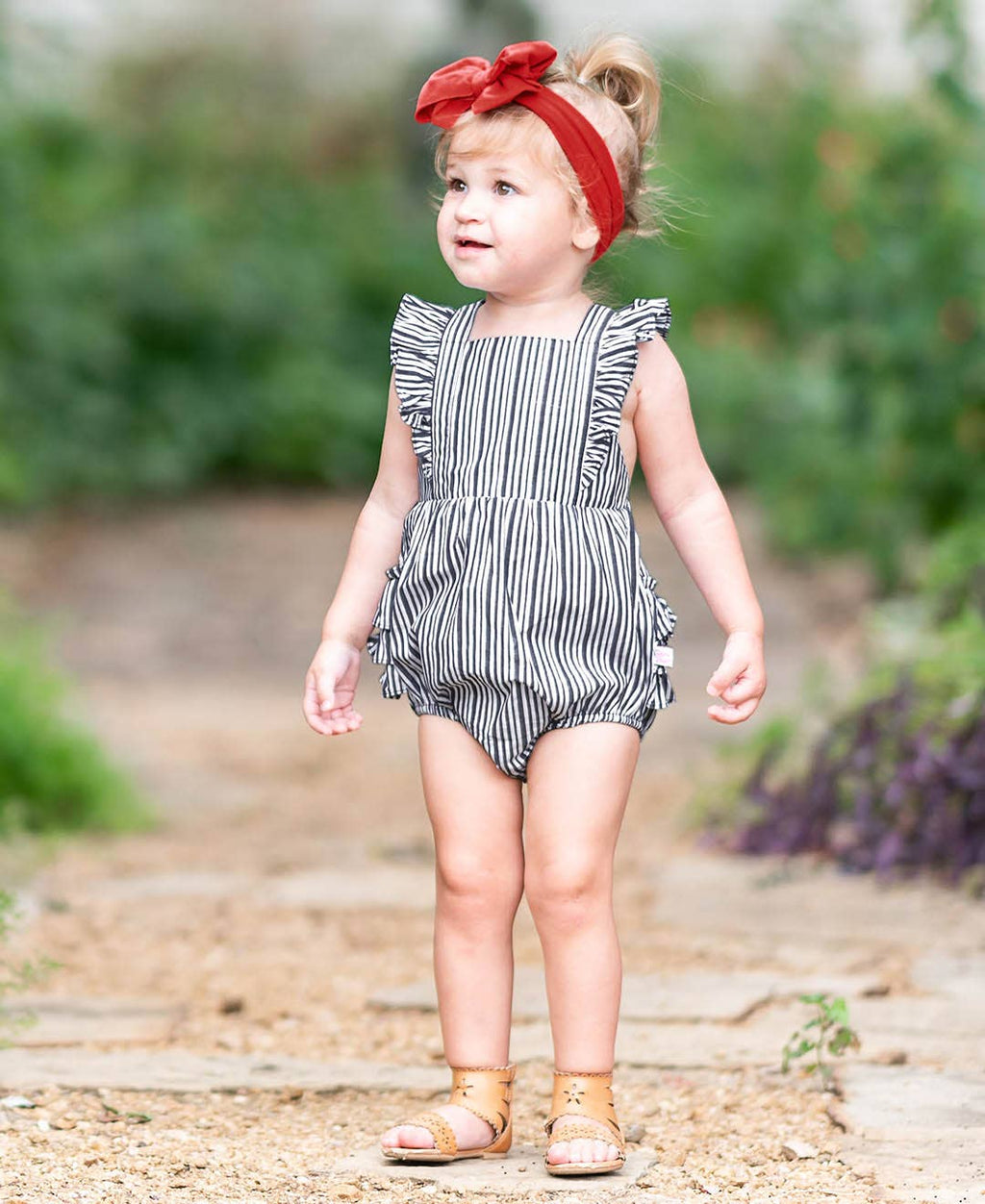 Baby Girls Dark Navy Micro Stripe Pinafore Cross-Back Woven Romper